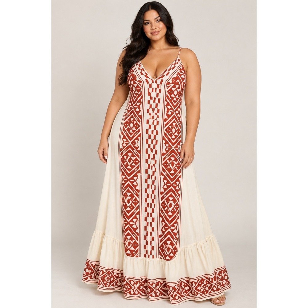 Fashion Nova Maxi Dress Womens 1X Cream Red Excellent Boho Tribal Geometric